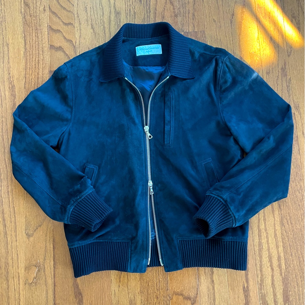 Officine Generale Dark Blue Suede Bomber Jacket